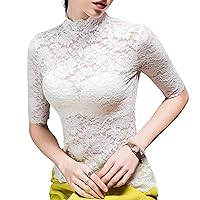 Lace Tops for Women, Casual High Neck Short Sleeve Hollow Out Floral Embroidered Patchwork Blouses Elegant Work Shirts
