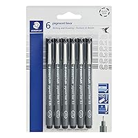 STAEDTLER Pigment Liner Pack, Black, 6 Pens, Assorted Line Widths, 0.05mm, 0.1mm, 0.2mm, 0.3mm, 0.5mm, 0.8mm