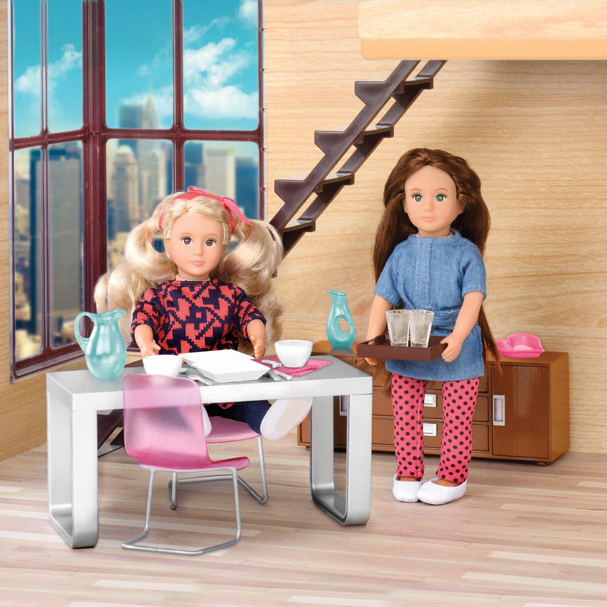 Lori – Dining Room Set for Mini Dolls – Dollhouse Furniture for 6-inch Dolls – Table, Chairs, Accessories – Toys for Kids – 3 Years + – Moderna Dining Set