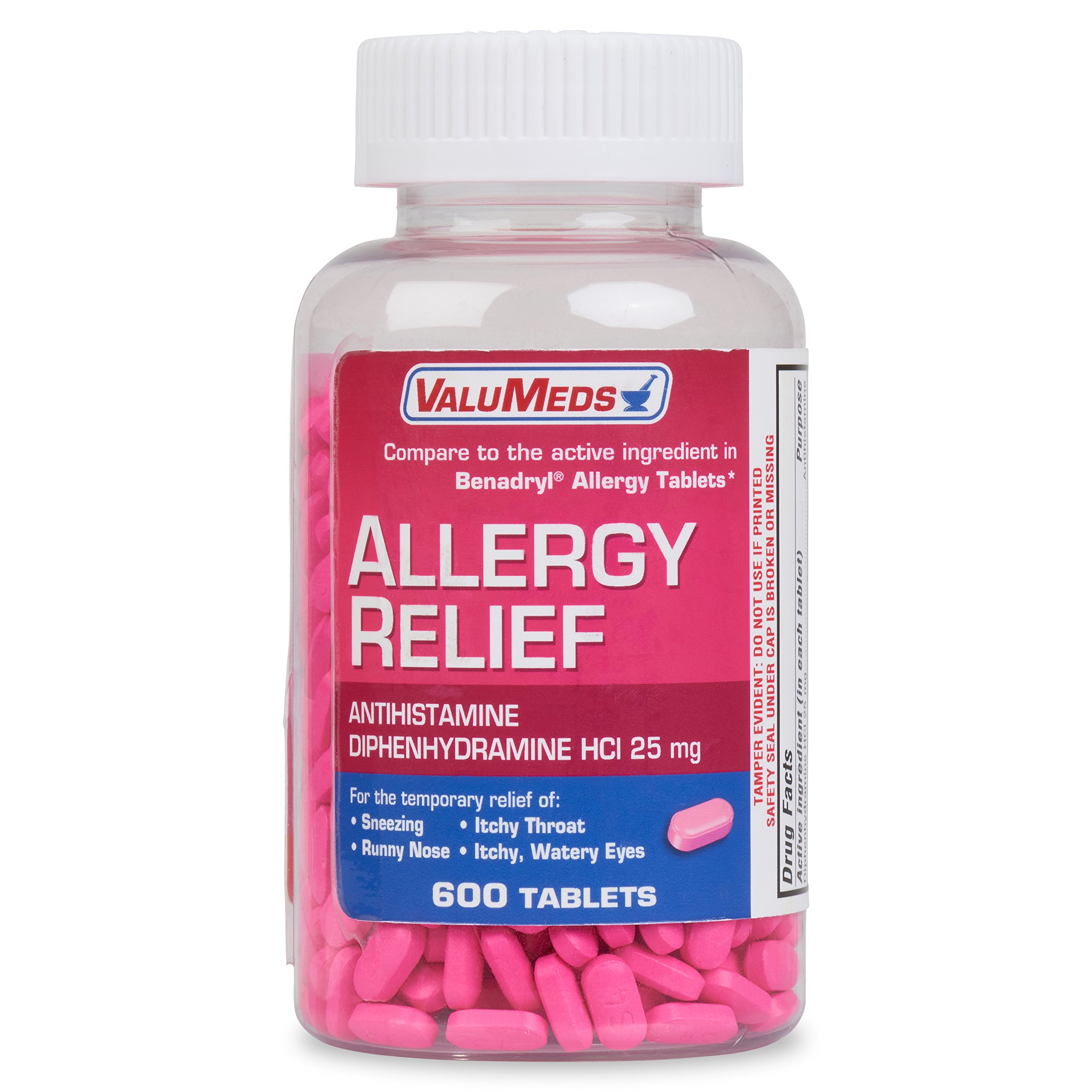 ValuMeds Allergy Medicine Antihistamine, Diphenhydramine HCl 25 mg, 600 Tablets | Compare to Benadryl for Children and Adults | Relieve Itchy Eyes, Runny Nose, Sneezing