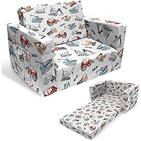 Toddler Couch Kids Sofa Children's 2 in 1 Convertible Sofa to Lounger - Extra Soft Flip Open Chair & Sleeper, Truck Excavator Car Printed Toddler Chairs for Boys Girls Couch Bed