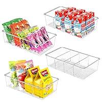 Clear Pantry Organizer Storage Bins 4 Pack Plastic Removable Snack Organizer Pantry Organization Storage Racks with Removable Dividers, Perfect for Snacks, Packets, Spices, Kitchen, Cabinets