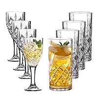 Royalty Art Kinsley Tall Highball Glasses and Win Glass Sets of 8,Textured Designer Glassware for Drinking Water, Beer, or Soda, Trendy and Elegant Dishware, Dishwasher Safe