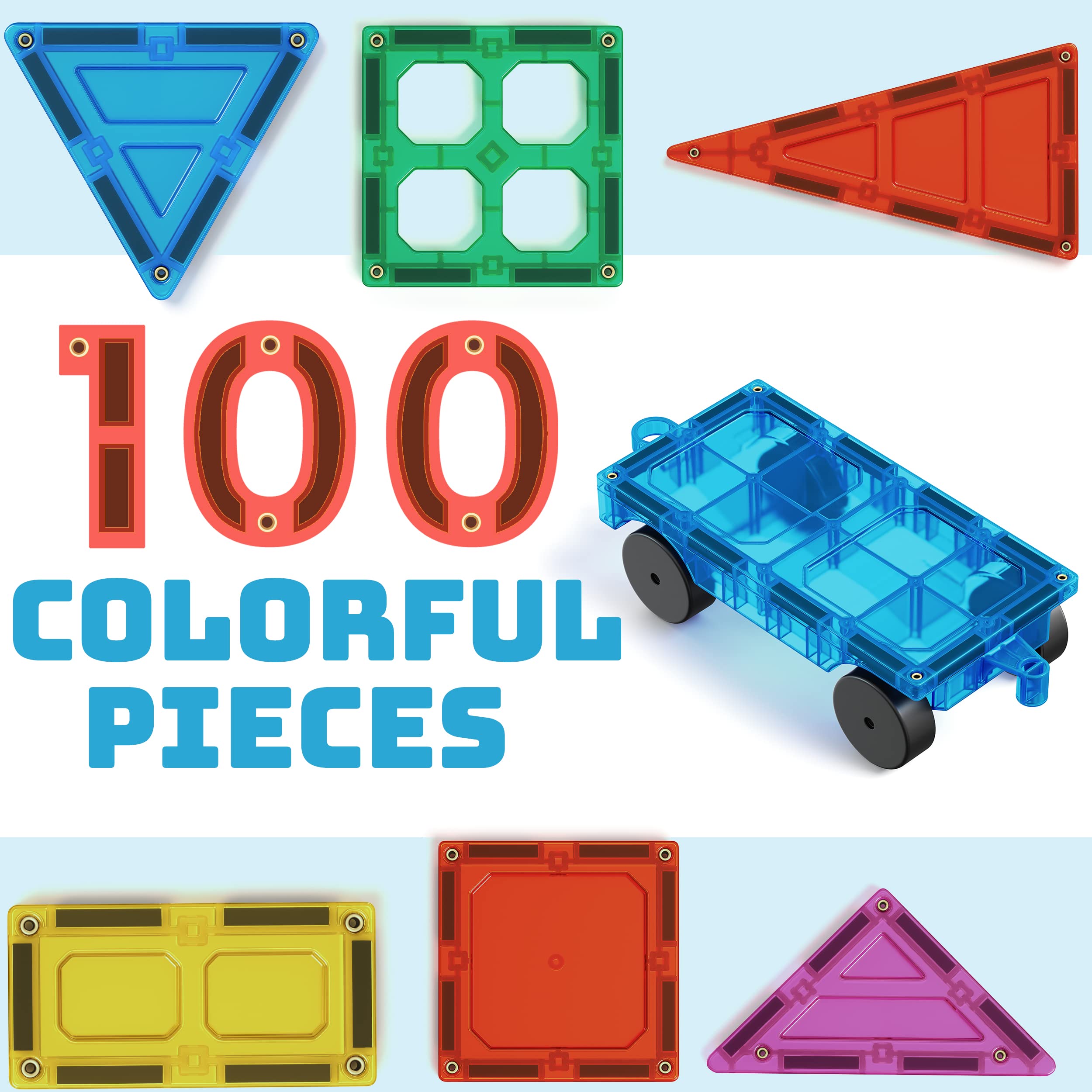 Magnet Build 100-Piece Extra Strong Magnetic Tiles Set - Magnets for Kids, 3D Tile Assorted Shapes & Colors, STEM Learning Toys for Ages 3+, Ideal Gift for Creative & Educational Play, Building Blocks