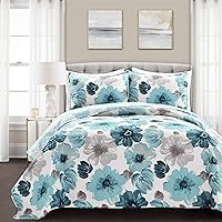 Lush Decor Leah Reversible Floral Quilt Set, 3 Piece Set, Full/ Queen, Blue - Charming Floral Bedding Set - Large Blooming Watercolor Flowers