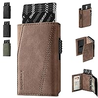 DUGRAFT 𝗗𝗨𝗚𝗥𝗔𝗙𝗧 Card Holder Wallet with ID Window, Leather Mens RFID Blocking Minimalist Pop-Up Wallet Aluminum Metal Credit Card Case with Banknote Compartment