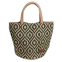 NOVICA Artisan Handmade Agel Grass Tote Bag in Natural Green Pattern Fiber Beige Shopping Handle Printed Indonesia Woven 'Peacock Paradise in Green'