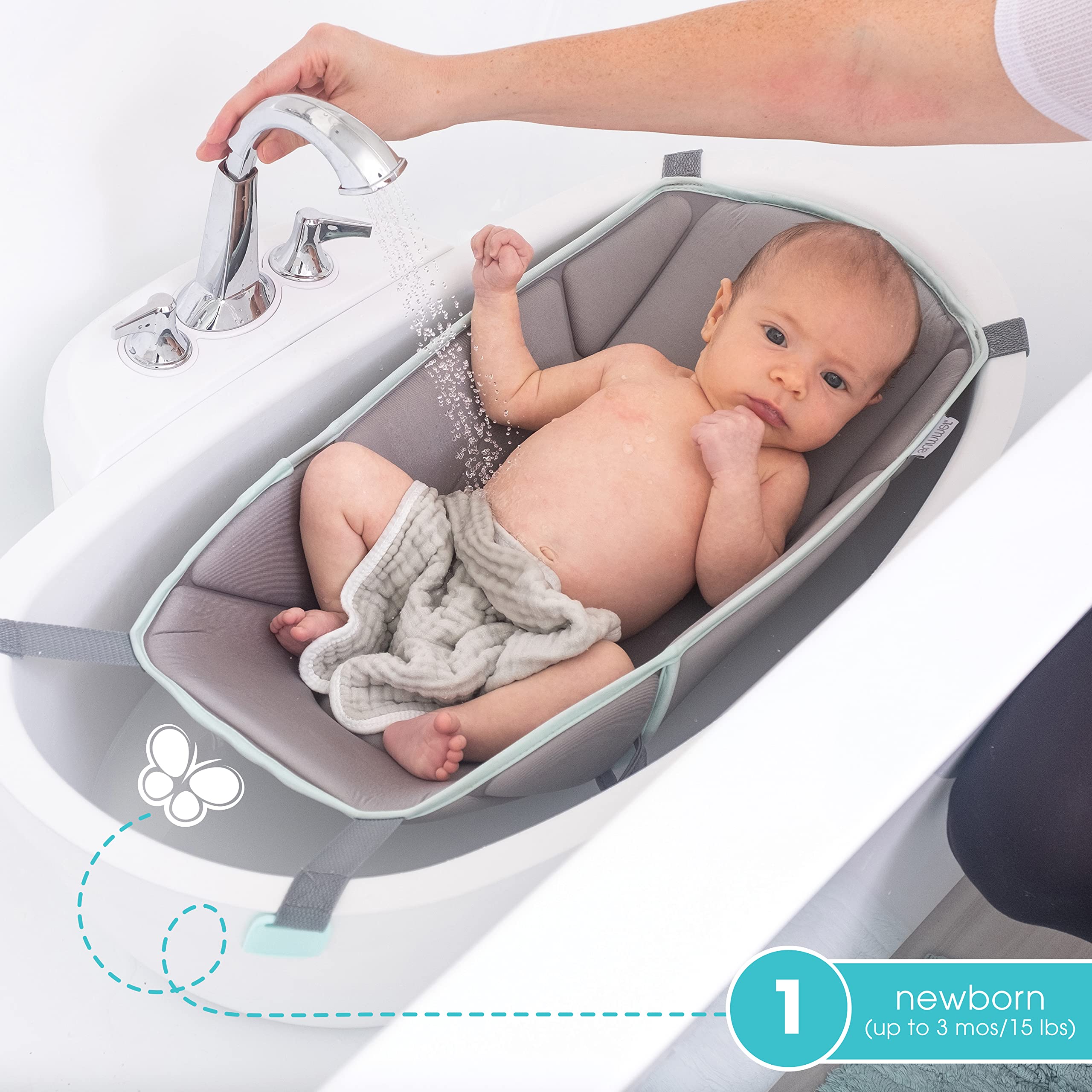 Summer® My Size™ Tub 4-in-1 Modern Bathing System - for Ages 0-24 Months – Baby Bathtub Includes Soft Support, Pull-Down Sprayer and Removable Water Tank, Rinse and Pour Cups, and Drain Plug