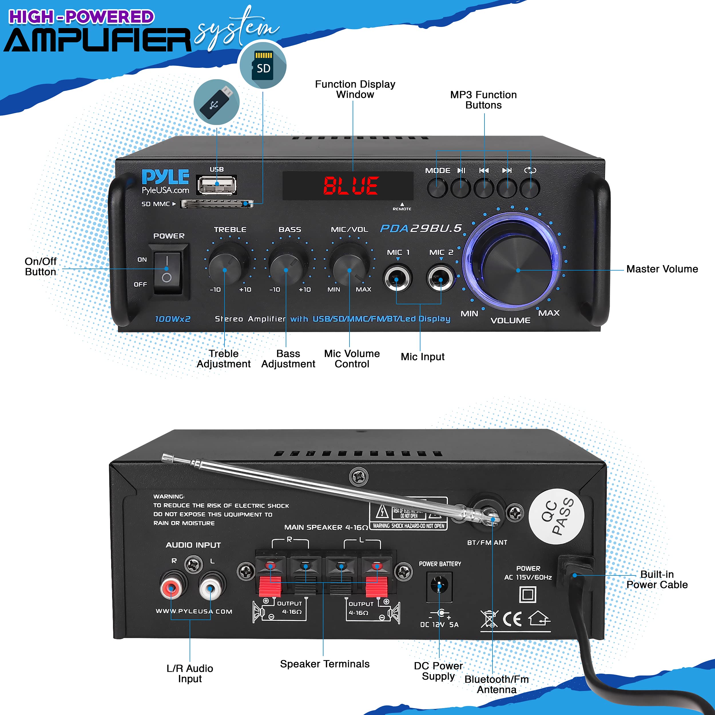 Pyle Wireless Bluetooth Stereo Power Amplifier - 200W Dual Channel Sound Audio Stereo Receiver w/RCA, USB, SD, MIC in, FM Radio, for Home Computer via RCA - PDA29BU.5