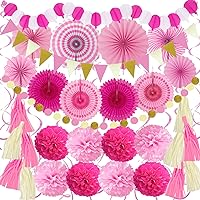 ZERODECO Party Decorations, 41 Pcs Pink Papar Fans Pompoms Garlands String Tissue Paper Tassel for Fiesta Home Bridal Baby Shower Wedding Boy Girl Birthday Party