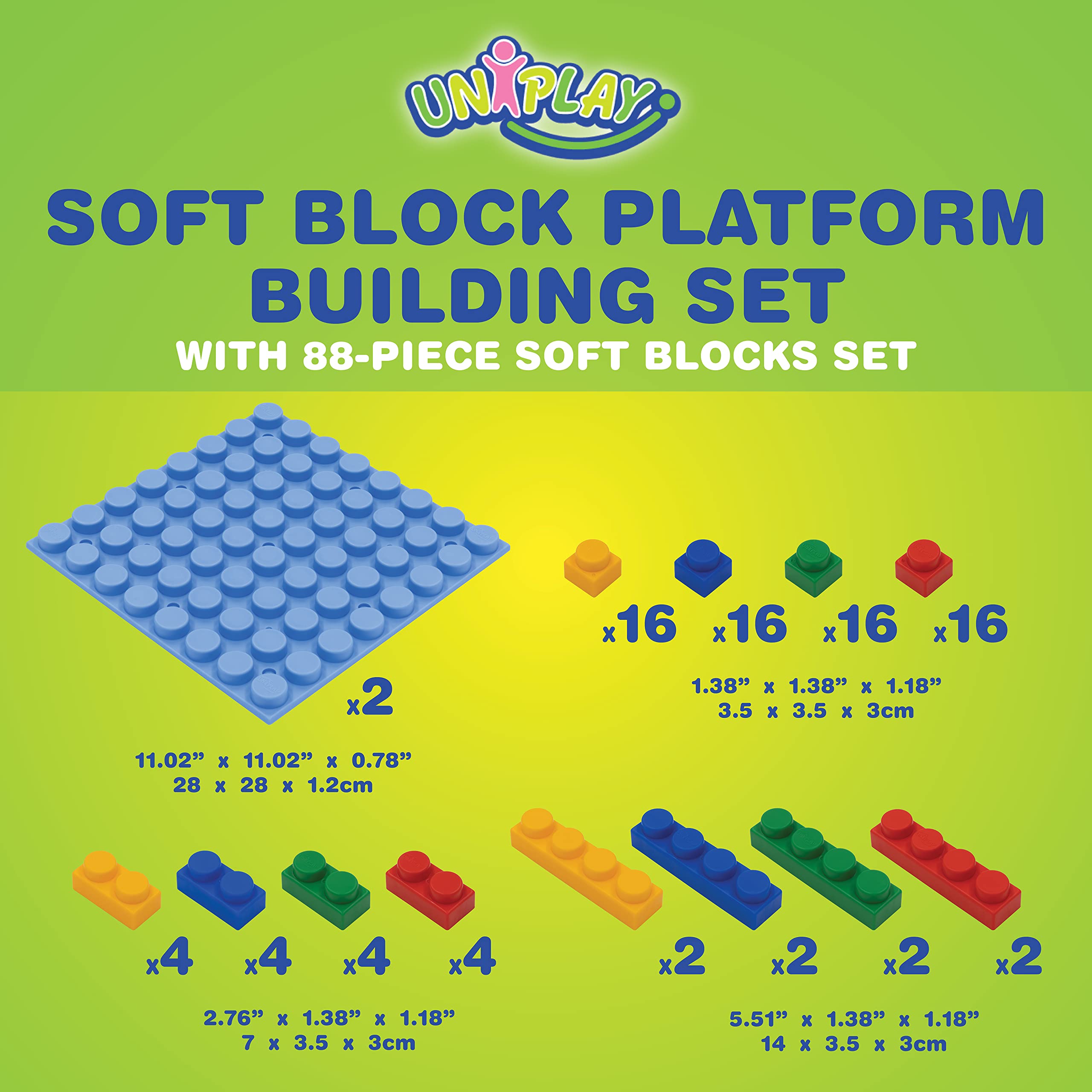 UNiPLAY Platform Soft Building Blocks — Educational Sensory Stacking Blocks, Learning Toy with Two 11 x 11 Inch Base Plates for Ages 3 Months and Up (88-Piece Set)