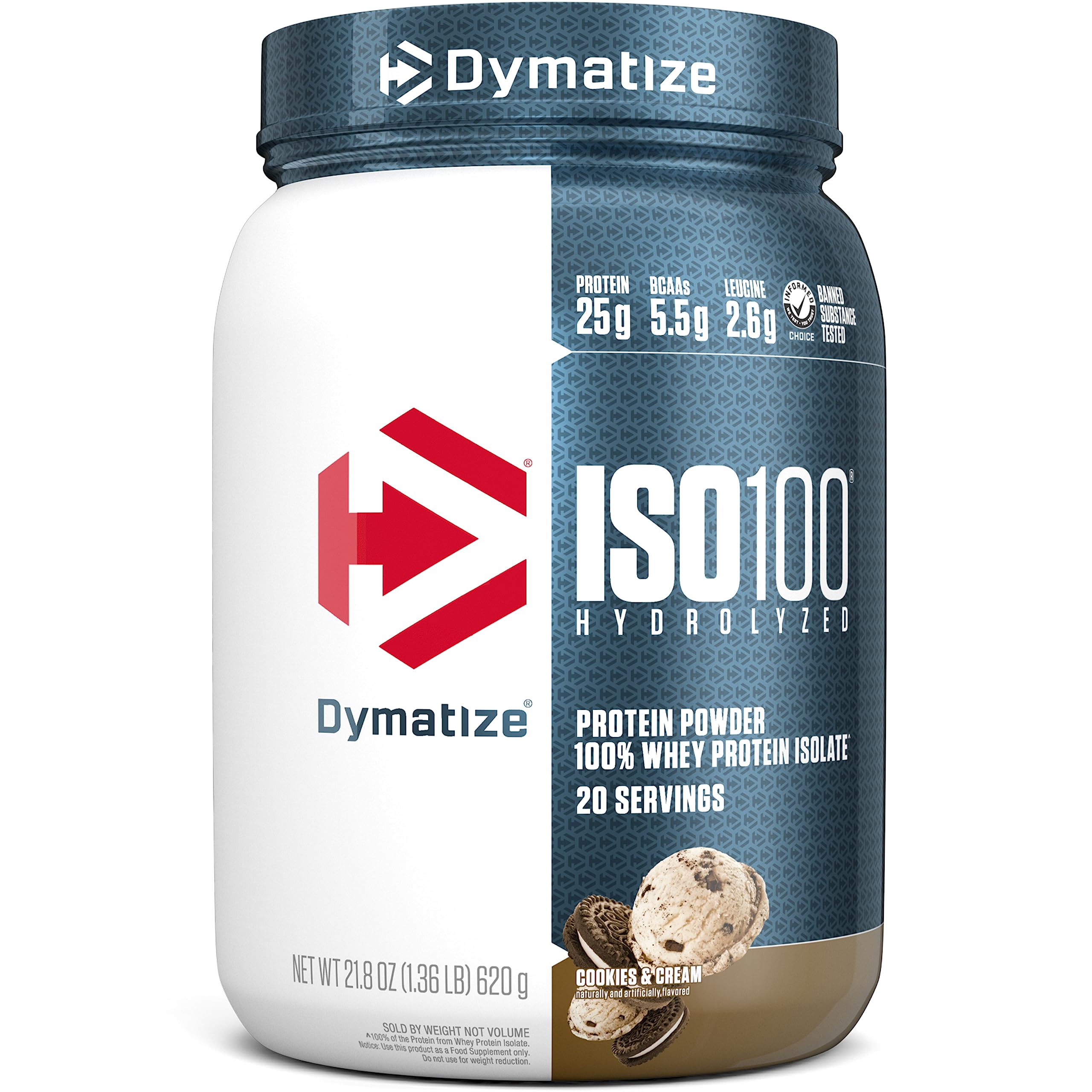 Dymatize ISO100 Hydrolyzed Protein Powder, 100% Whey Isolate Protein, 25g of Protein, 5.5g BCAAs, Gluten Free, Fast Absorbing, Easy Digesting, Cookies and Cream, 20 Servings