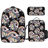 Unicorn Riding Dinosaur Print Backpack 3Pcs Set Cute Back Pack with Lunch Bag Pencil Case Shoulder Bag Travel Daypack