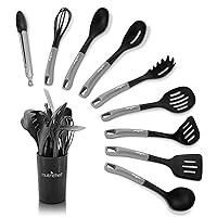 NutriChef 10 Pcs. Silicone Heat Resistant Kitchen Cooking Utensils Set-Non-Stick Baking Tools with PP Holder (Silver & Black), 1