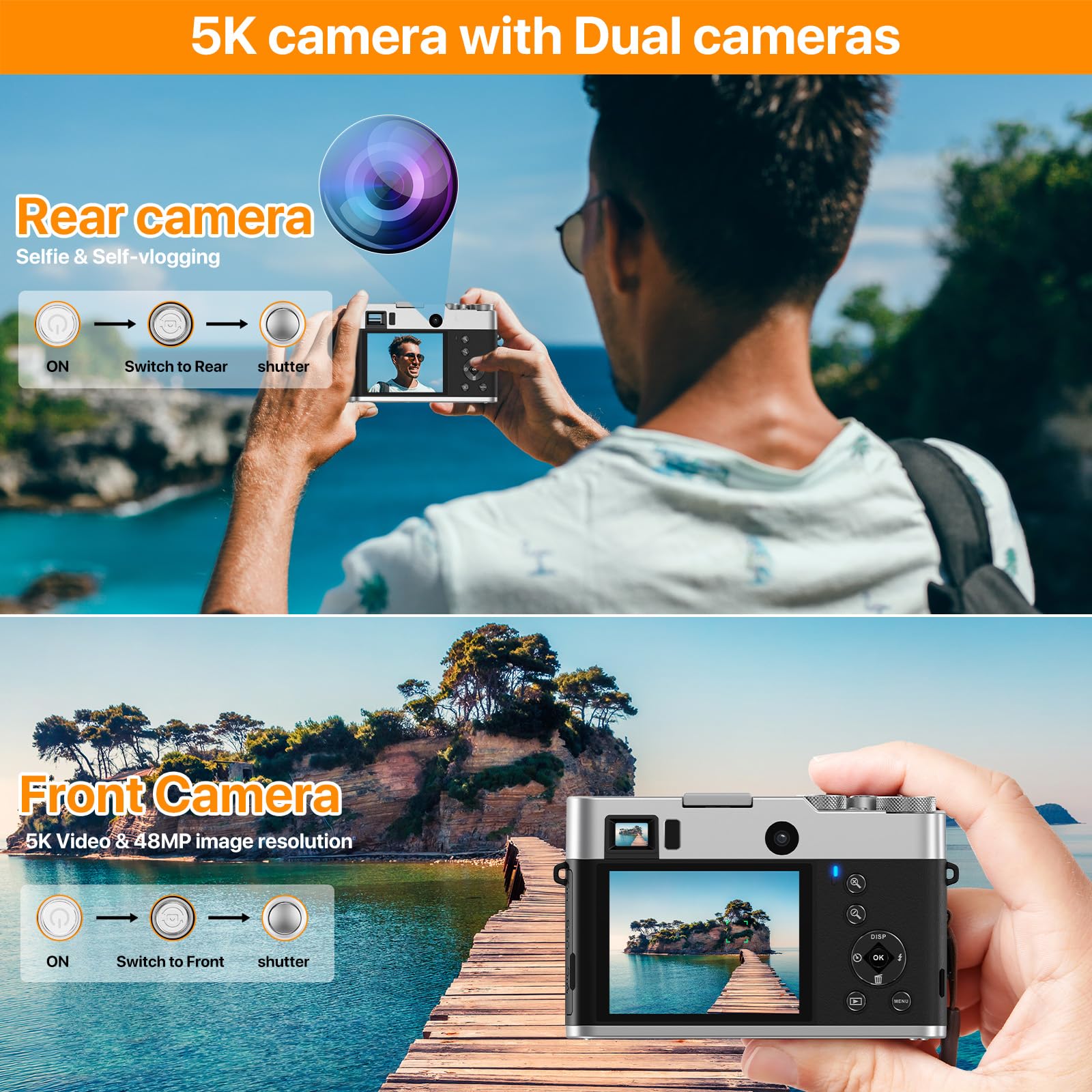 5K Digital Camera with Front and Rear Cameras for Photography Video Camera with Viewfinder Autofocus UHD 5K Vlogging Camera for YouTube 6-Axis Anti-Shake Selfie Camera Recorder with 32GB SD Card