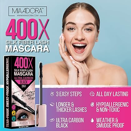 400X Pure Silk Fiber Lash Mascara [Ultra Black Volume and Length], Longer & Thicker Eyelashes, Waterproof, Long Lasting, Instant & Very Easy to Apply, Smudge-proof, Hypoallergenic, Cruelty & Paraben Free (Mia Adora)