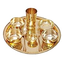 PARIJAT HANDICRAFT Indian dinnerware brass traditional dinner set of thali plate, bowls, glass and spoon beautifully handcrafted tableware for gift (Dinnerware-Set02)