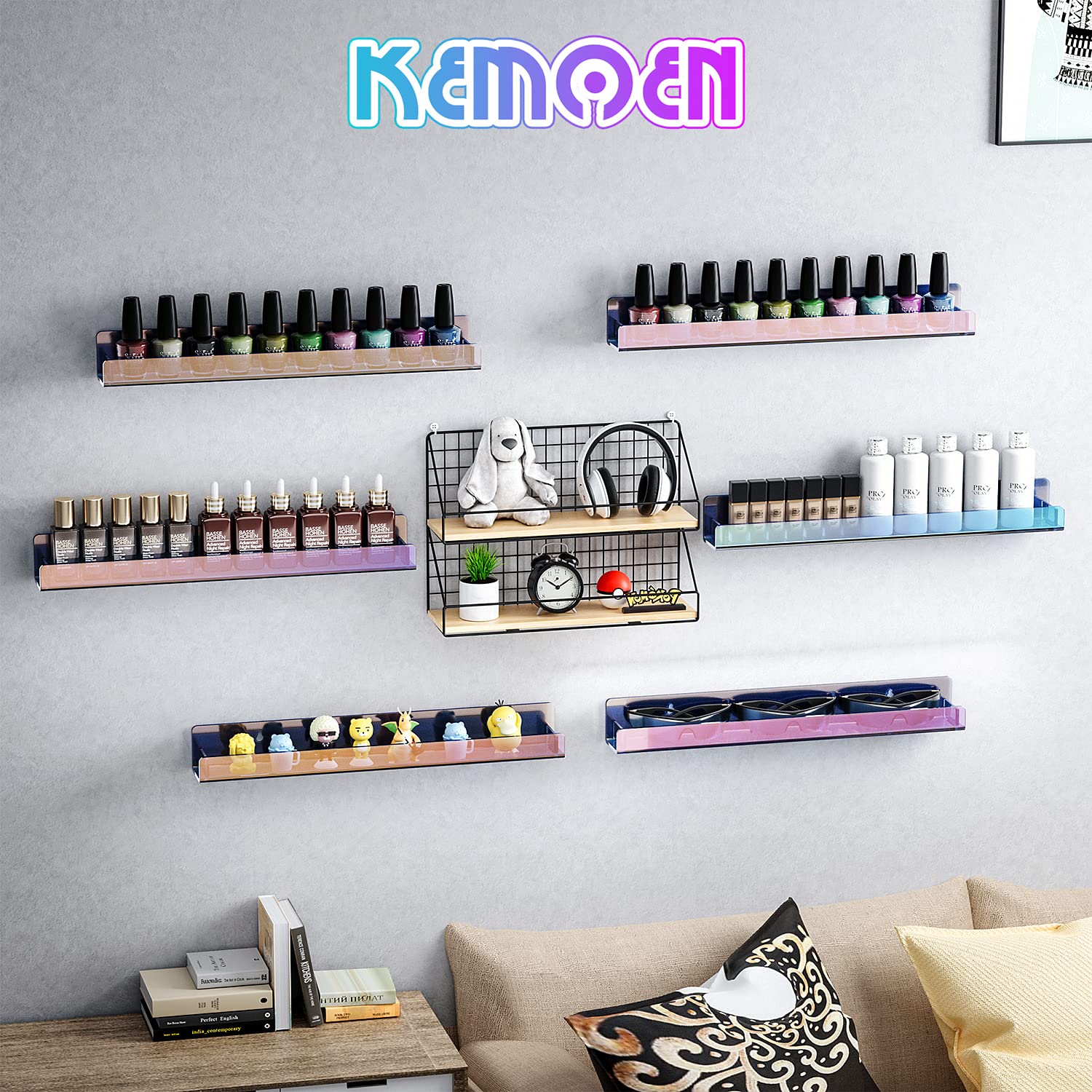 KEMOEN Nail Polish Organizer Holder - Acrylic Rainbow Storage Shelves for Wall - 6 Pack, 15