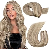 Moresoo Sew in Hair Extensions Highlight Sew in Extensions Human Hair Ash Brown Highlighted with Blonde Human Hair Extensions Sew in Straight Long Hair Extensions Double Weft 24 Inch 100G #P9A/60