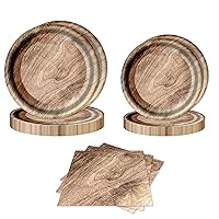 BINQOO Retro Wood Disposable Tableware Set 24 Real Wood Western Cowboy Wooden Party Plates Napkins Wood Dinner Plates Dessert Plates Napkins for Baby Shower Birthday Party Event