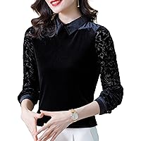 Women's Velvet Mesh Tops Fashion Crewneck Semi Sheer Floral Print Long Sleeve Patchwork Blouses Elegant Formal Work Shirt