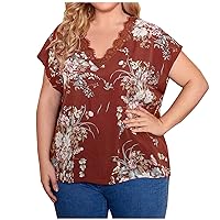 Plus Size Tops for Women Fashion Casual V-Neck Floral Print Lace Short Sleeve T-Shirt Summer Loose T-Shirts Blouses