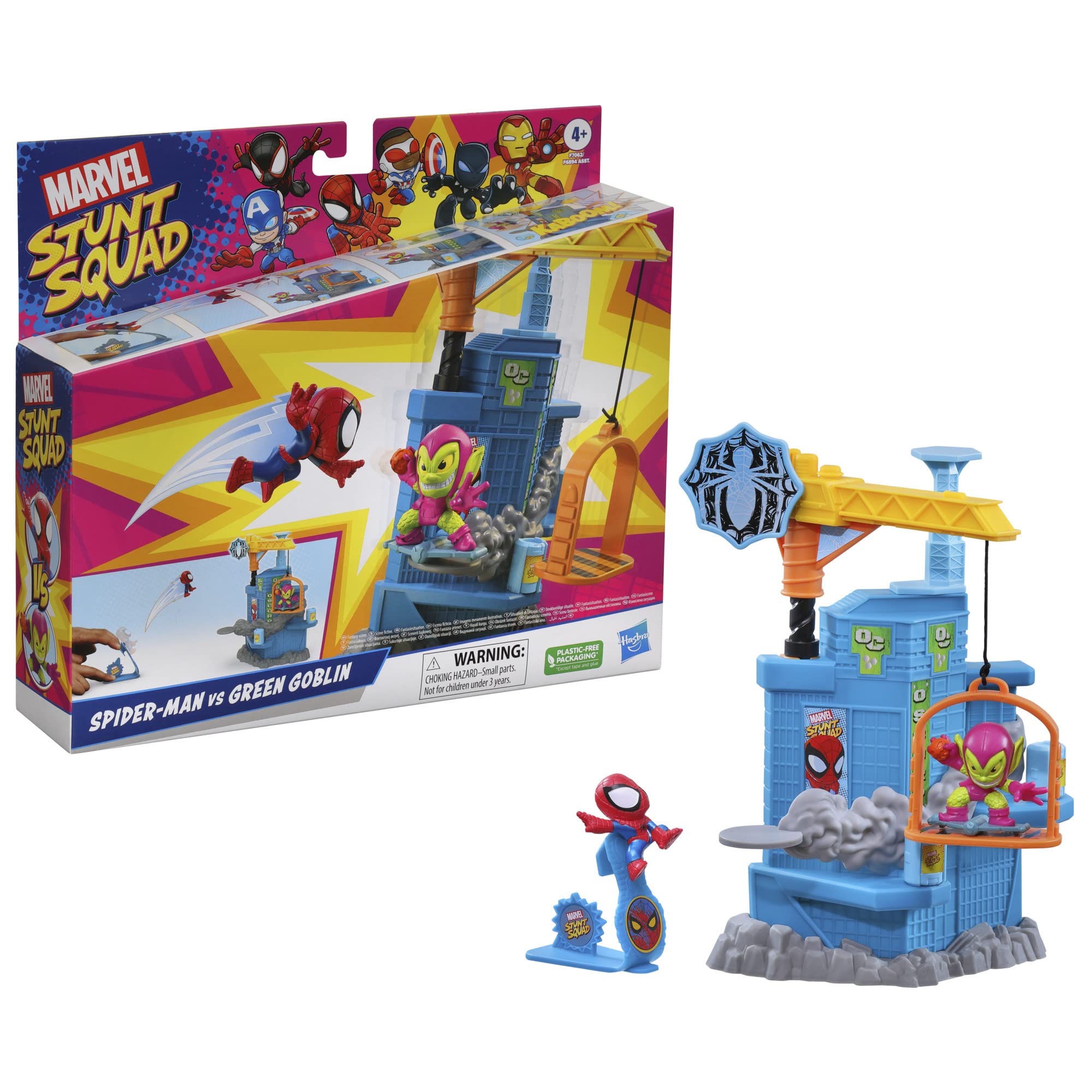 Marvel Stunt Squad Crane Smash Playset, Spider-Man vs. Green Goblin, 1.5-Inch Super Hero Action Figures, Toys for Kids Ages 4 and Up
