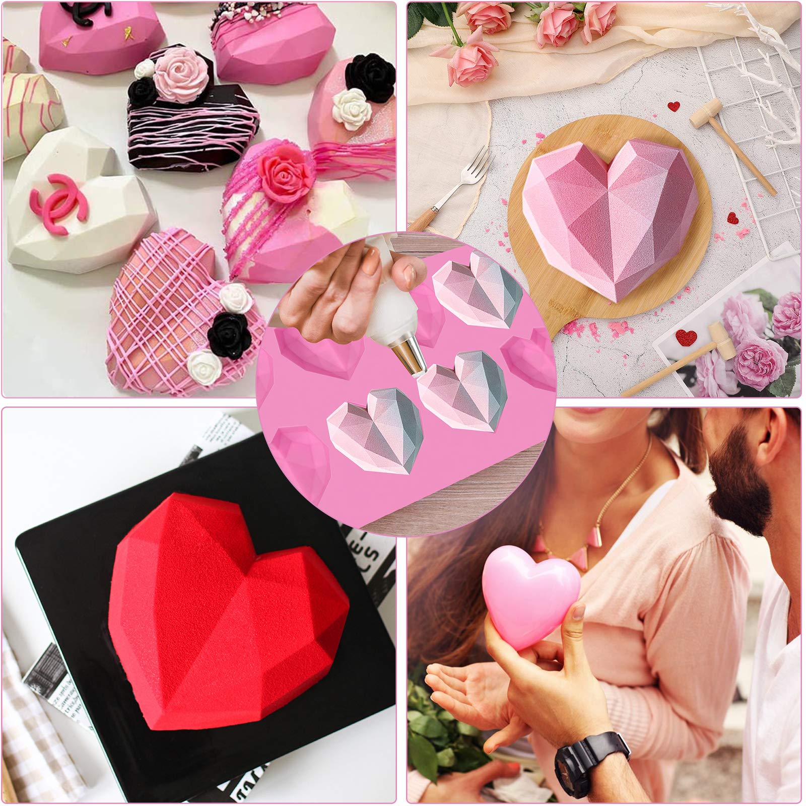 Breakable Heart Molds for Chocolate with Hammer, Heart Silicone Mold for Baking 8 Cavity Diamond Heart Shaped Mold, 8.8