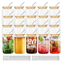 [20Pcs Set] Glass Cups With Bamboo Lids And Straws,16Oz Glass Water Bottles Glass Jars Cups Drinking Glasses, Beer Glasses Ice Coffee Glasses For Juicing Coffee Soda Tea