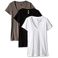 Clementine Apparel Women's Deep V Neck Tee (Pack of 3), Black/White/Warm Grey, Small