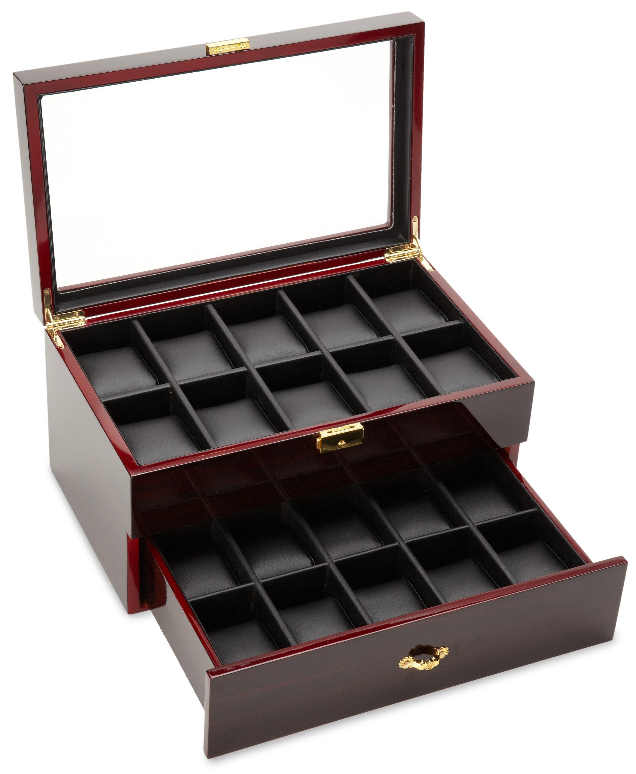 Diplomat 31-57701 Ebony Wood Finish with Clear Top and Black Leather Interior 20 Watch Storage Case