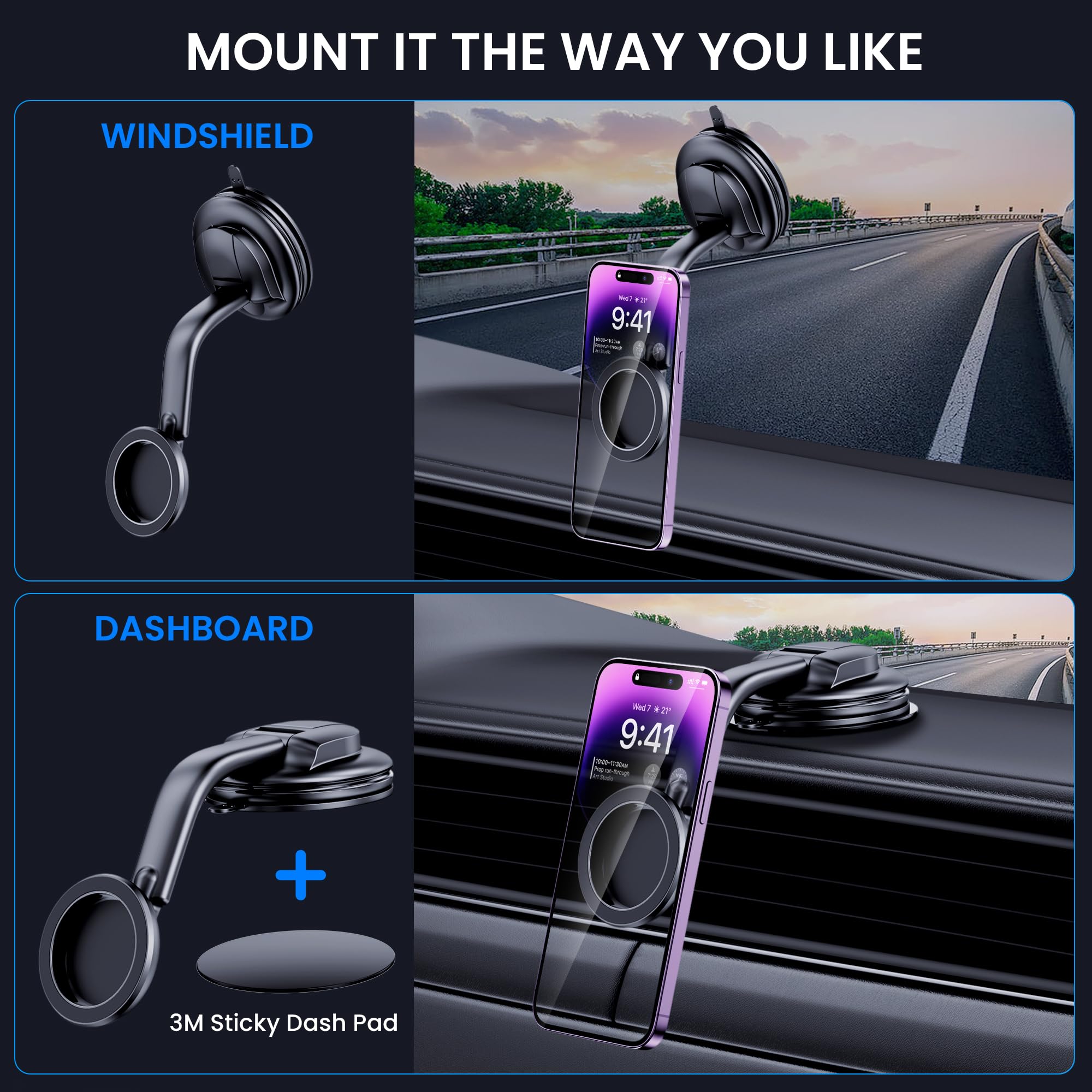 For Magsafe Car Mount,【Strong Magnets & Low Profile】Magnetic Phone Holder for Car Dashboard Windshield Universal Hands Free Car Phone Holder for iPhone 14 13 12 Pro Max Plus Mini Android All Phones
