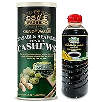 Wasabi-O Authentic Shoyu Soy Sauce & Real Wasabi Seaweed Coated Cashews - 500ml Dark Soy Sauce for Dipping, Marinade & Glaze, Sweet and Organic, with Exquisite Crunch Gourmet Cashews, 6.7oz