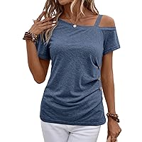 SweatyRocks Women's Ruched Tee Shirt Asymmetrical Neck Solid Cut Out Short Sleeve Tops Dusty Blue Small