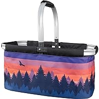 Picnic Basket for Camping - Collapsable Picnic Basket for Picnics, Grocery, & Festivals - Sturdy Food Picnic Basket with Zipper Pocket & Built-in Clip - 16” x 17” Scenic Sunset Basket, Camp Casual
