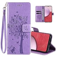 Samsung Galaxy A14 5G Wallet Case - Embossed Love Tree Cat, PU Leather Flip Cover with Wrist Strap, Card Holder & Kickstand - Light Purple