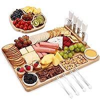 hecef Large Charcuterie Board Set of 13, A Bamboo Cheese Board & Snack Tray, 2 Ceramic Bowls, 4 Server Forks, 4 Cheese Knives Set, Appetizer Cheese Platter Gifts for Birthdays, Weddings, Housewarming