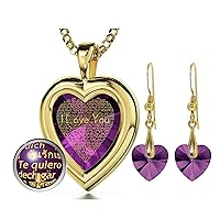 NanoStyle Gold Plated Silver Romantic Heart Jewelry Set I Love You Necklace Pure Gold Inscribed in 120 Languages in Miniature Text on Heart-Shaped Cubic Zirconia Gemstone and Crystal Earrings
