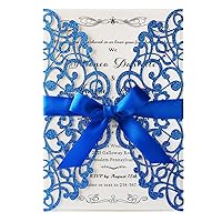 Hosmsua 20PCS Laser Cut Flora Lace Wedding Invitations Kit with Bowknot 5.12 x 7.3'' Invitations for Wedding Bridal Shower Engagement Quinceanera Party (Royal Blue Glitter)