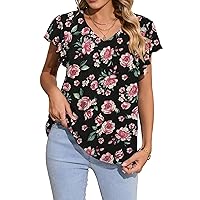 Womens Summer Tops Ruffle Short Sleeve V Neck Loose Fit Chiffon Blouse Shirt with Lining, High Low Hem