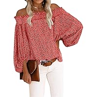 BLENCOT Off The Shoulder Tops for Women Casual Floral Blouses Lantern Sleeves Chiffon Shirt Tops