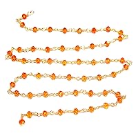 Carnelian 3MM Faceted Rondelle Gemstone Beaded Rosary Chain by Foot For Jewelry Making - 24K Gold Plated Over Silver Handmade Beaded Chain Connectors - Wire Wrapped Bead Chain Necklaces
