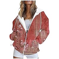 Full Zip Up Hoodie,Womens Oversized Zipper Hoodie Floral Print Retro Graphic Sweatshirts Jacket Coat With Pockets