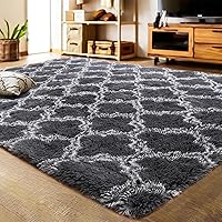 Luxury Shag Area Rug 8x10 Feet Geometric Plush Fluffy Rugs, Extra Soft Carpet Moroccan Rugs for Bedroom Living Room Dorm Kids, High Pile Shaggy Floor Rug Decor, Dark Grey and White