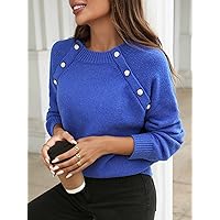 Raglan Sleeve Button Detail Sweater (Color : Royal Blue, Size : Large)