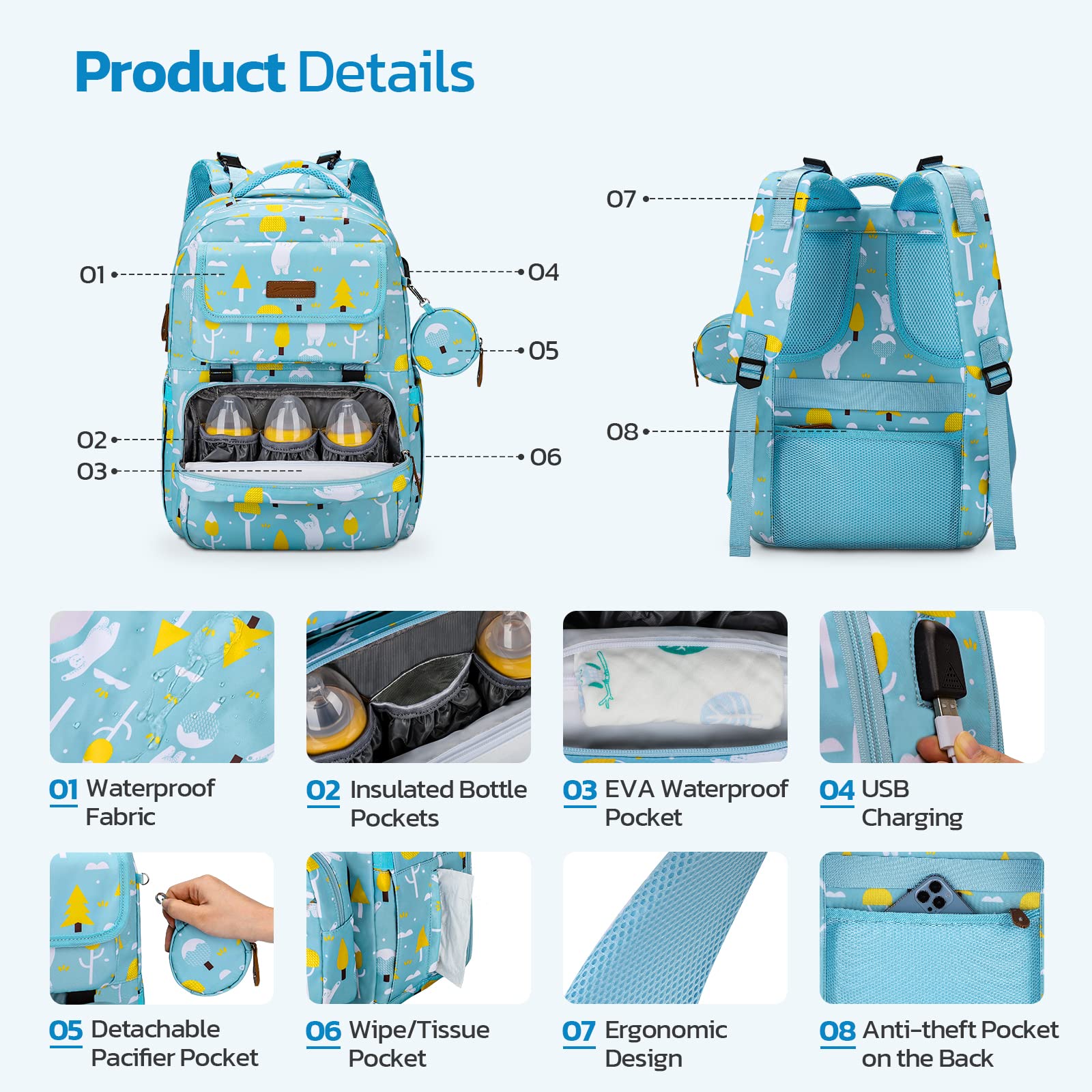 Maelstrom Large Diaper Bag,29L-45L Expandable Diaper Bag Backpack for 2 Kids/Twins Baby Stuff, with Removable Cross Body Bottle Bag for Mom/Dad,Stylish Baby Bag Gift for Boys/Girl-Blue & White Bear