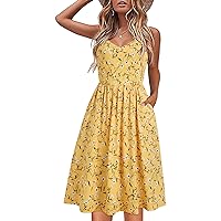 Women's V Neck Floral Summer Dresses Casual Party Spaghetti Strap A Line Swing Midi Sundress with Pocket