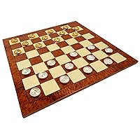 Bello Games Collezioni - Valentino 24K Gold/Silver Checkers & Marconi Luxury Briarwood,Bird's-Eye-Maple & Elm Chess Board with a High Gloss Finish from Italy