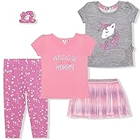 Girls’ Shirt, Tutu Skirt, Leggings and Scrunchie Set for Toddler and Little Kids – Pink/White or Pink/Grey