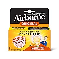 Airborne 1000mg Vitamin C with Zinc Effervescent Tablets, Immune Support Supplement with Powerful Antioxidants Vitamins A C & E - 10 Fizzy Drink Tablets, Zesty Orange Flavor